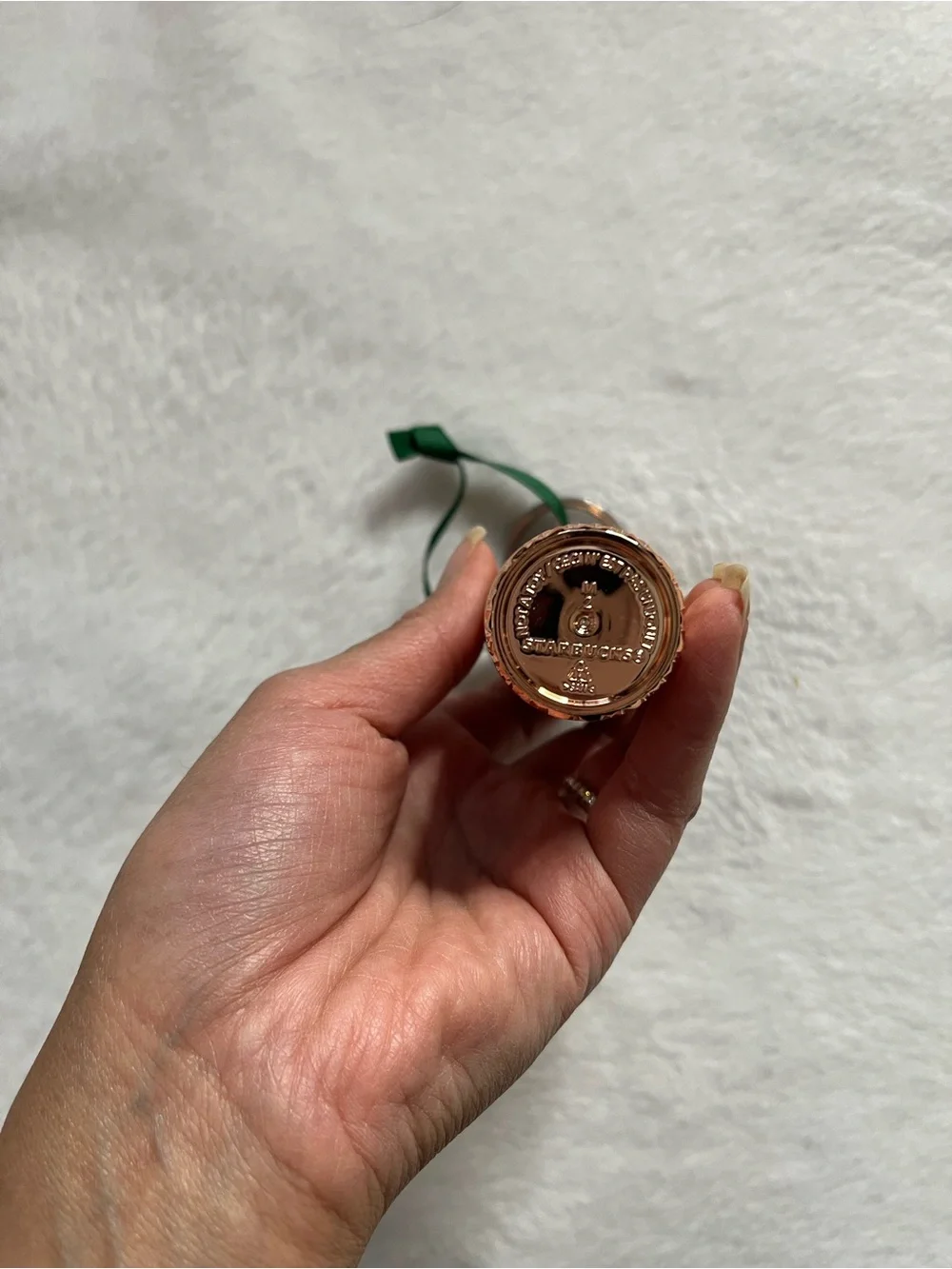 Starbucks Rose Gold Textured Tumbler Keychain with Green Ribbon Loop